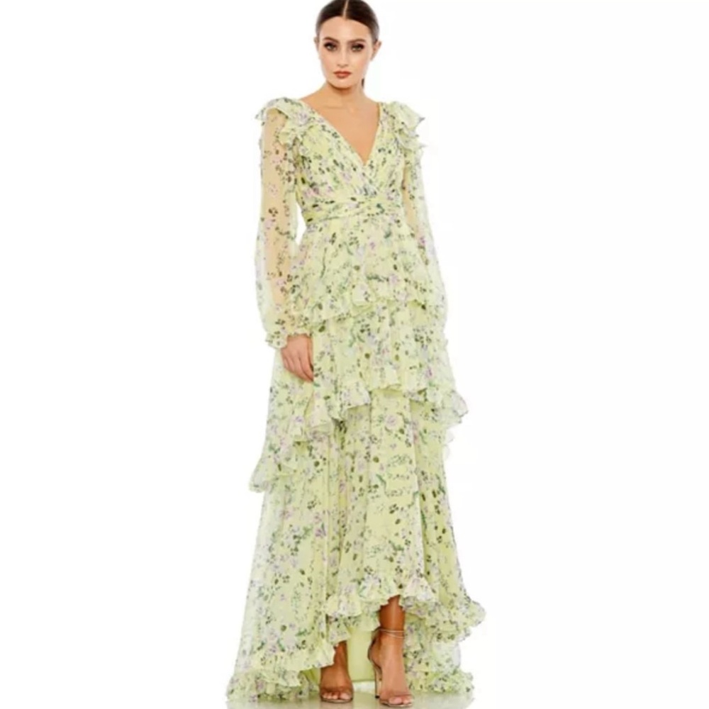 Mac Duggal Tiered A Line Long Sleeve Chiffon Gown Green Floral Maxi Sz 4 - Picture 15 of 15